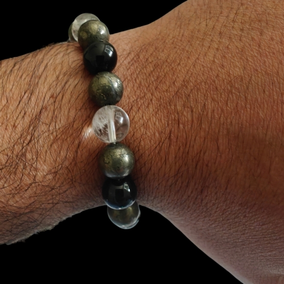 Pyrite Clear Quartz and Onyx Bracelet Natural Stones 10mm Unisex - Picture 6 of 6